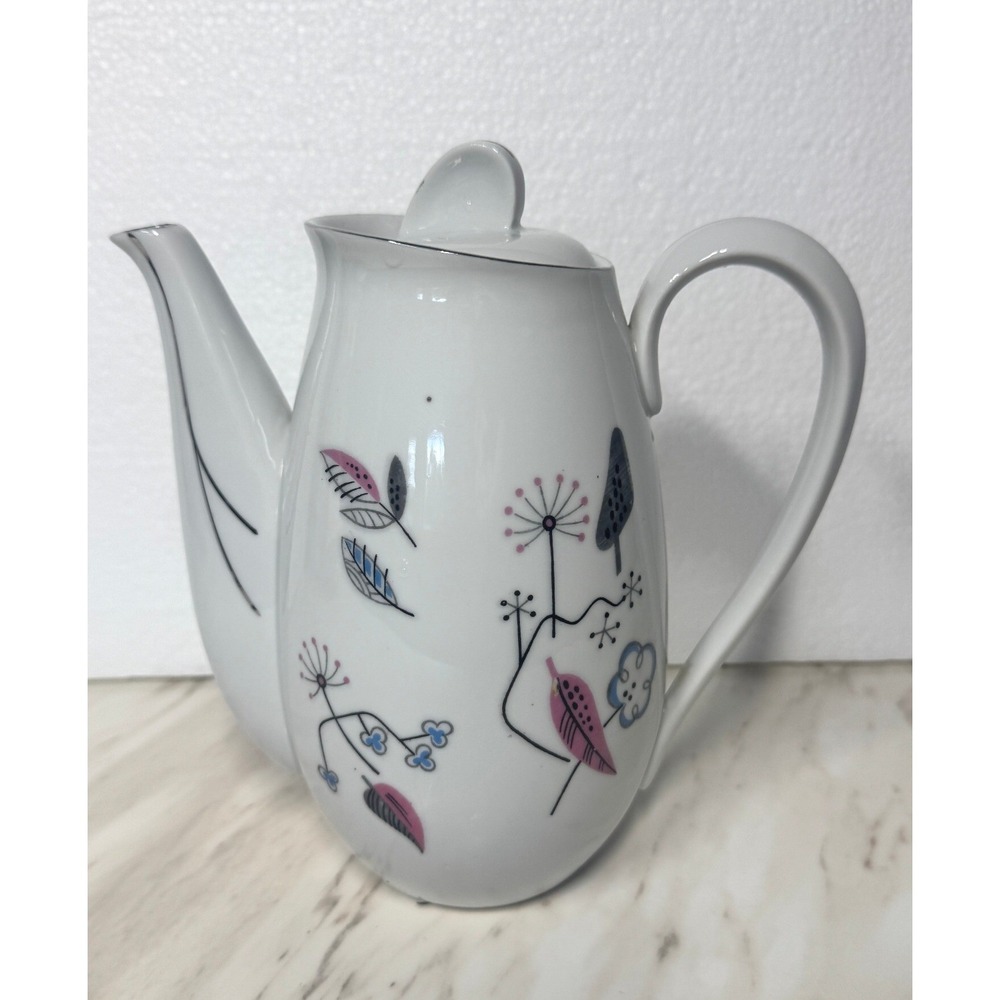 Vintage Royal Grace Japan White Ceramic Teapot Botanical Leaf Silver Trim MCM